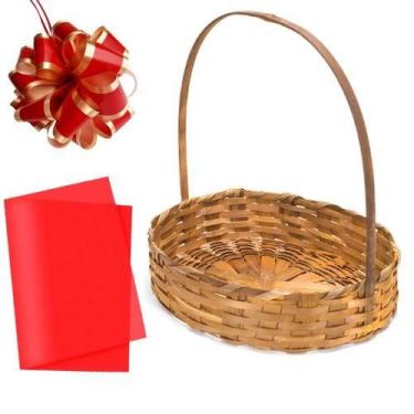 Imagem de Cesta De Bambu 30 Cm Para Presente Com Laço E Papel Seda - LEMBRANÇA B