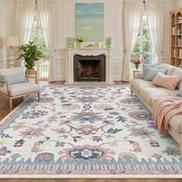 Imagem de Tapetes laváveis 18 x 23 cm – Tapete Oushak moderno vintage floral para sala de estar, antiderrapante, tapete macio lavável na máquina para quarto, sala de jantar, berçário, fazenda (2,8 x 2,5 m, rosa