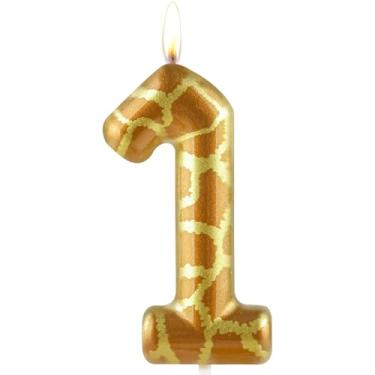 Imagem de Velas número 1, velas de 1º aniversário, girafa, ouro, feliz aniversário, cera premium e design metálico, decoração de bolo com tema de girafa, para festa de aniversário, artigos de celebração