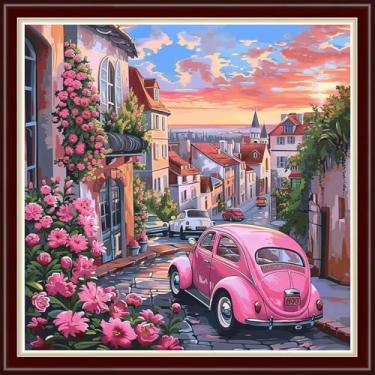 Imagem de Dimxvean Kits de ponto cruz estampado, kits de ponto cruz para adultos iniciantes, kits de bordado gama completa de kits de ponto de cruz, padrões de ponto cruz, carros de flores de rua, 46 x 45 cm