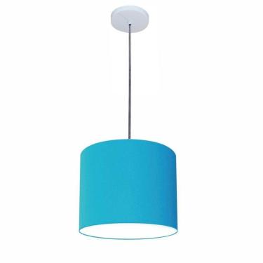 Imagem de Lustre Luminária Pendente Vivare Free Lux Pe-4107br Cúpula Em Tecido 25x20cm Azul-turquesa Canopla Branca E Fio Cristal