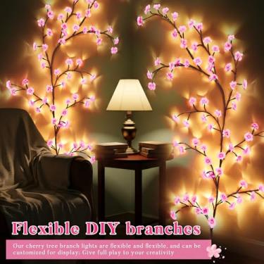 Imagem de Glooglitter 2 peças de luzes LED para ramo de árvore de cerejeira para parede, 63 polegadas 72 luzes LED de flor de cerejeira decoração de guirlanda de videira de salgueiro para casa, parede, porta,
