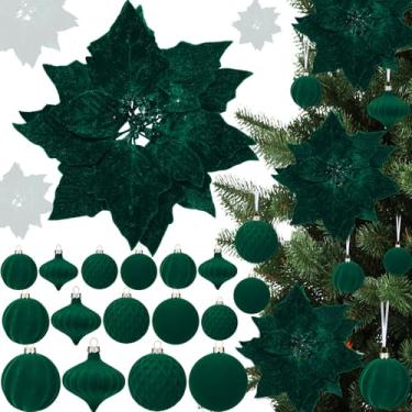 Imagem de VioraWhite Conjunto de 24 peças de enfeites de árvore de Natal de veludo inclui 8 peças de flores de poinsétia de Natal de 25 cm, 16 peças, enfeites de bola flocada de plástico para decoração de