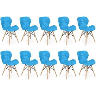 Imagem de Kit 10 Cadeiras De Jantar Charles Eames Slim Wood Estofada - Azul