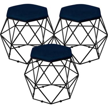 Imagem de Kit 03 Puffs Aramado Preto Six L02 Suede Azul Marinho