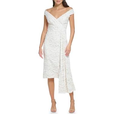 Imagem de Eliza J Vestido midi feminino de renda drapeado com ombro de fora, Marfim Multi, 44