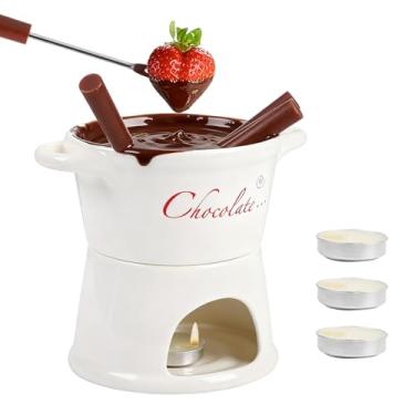 Imagem de Conjunto de fondue de chocolate de porcelana branca pura, panela quente, fonte de chocolate, lanche, panela de derretimento de porcelana leve com 4 garfos e 4 velas para chocolate e queijo caramelo