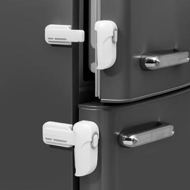 Imagem de Pacote com 2 fechaduras de geladeira à prova de crianças, trava de porta de geladeira e freezer para bebês, crianças e animais de estimação, operação com uma mão, adesivo forte, sem necessidade de