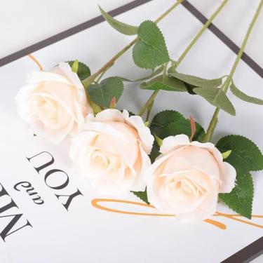 Imagem de 6 peças de flores artificiais – flor de seda com folhas, rosas champanhe, arranjos florais falsos para casa de banho, escritório, mesa central, prateleira, decoração de casamentos