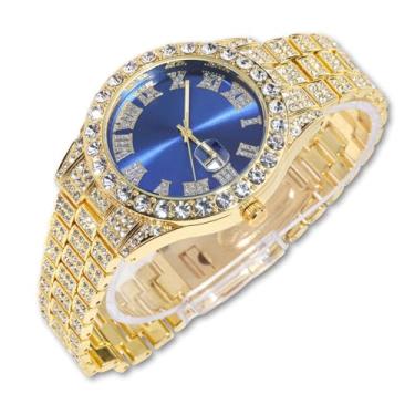 Imagem de richhut Relógio de diamante masculino masculino - mostrador azul - pulseira de 18 mm de largura banhado a ouro real 18 k ouro branco banhado a platina, com conjunto de corrente de tênis opcional
