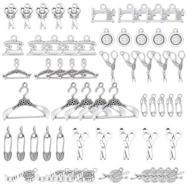 Imagem de 1 caixa 60 peças coleção de amuletos de costura prata antiga botão tesoura máquina de costura pingentes pingentes joias achados para colar DIY pulseira artesanato suprimentos