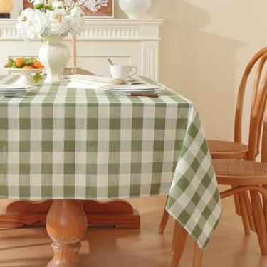 Imagem de gillhov Toalha de mesa xadrez retangular, tecido de linho de algodão, sem vincos, lavável, para cozinha, jantar, piquenique, acampamento, verde e branco, 140 x 218 cm