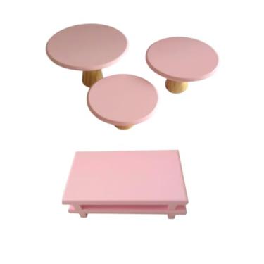 Imagem de Kit Boleira Festa E Bandeja, Kit Trio Boleira Cogumelo Suporte Doce E 2 Bandejas em Mdf para Festa de Aniversario(rosa)