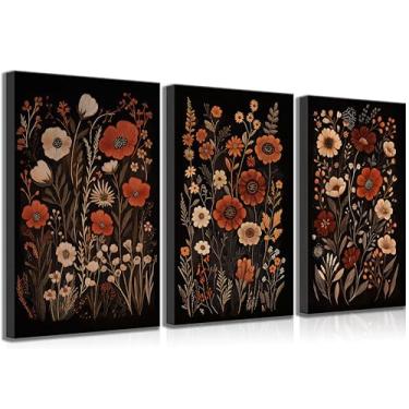 Imagem de 3 peças de arte de parede em tela floral escura vintage flores temperamentais pôsteres botânicos pintura imagem decoração de parede arte impressa para sala de estar quarto feminino decoração de casa