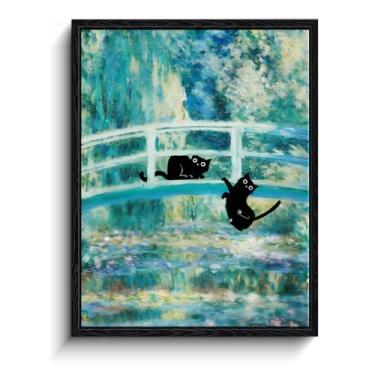 Imagem de Arte de parede emoldurada de gato preto, gatos pretos engraçados na ponte japonesa estilo Monet impressão de arte texturizada, pôsteres ecléticos de gato para quarto, sala de estar, banheiro
