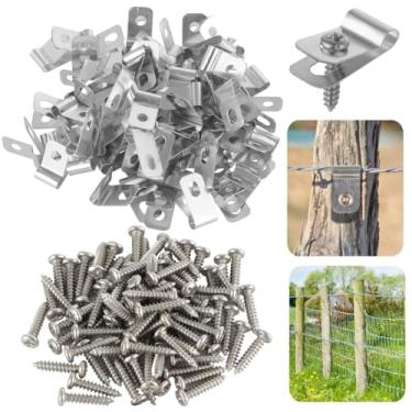 Imagem de Chewtoyo Clipes de arame para cercas, 100 peças de grampos de arame de cerca de alumínio com parafusos, clipes para montagem em fios soldados de calibre 12 a 16, grampos de cabo para cercas de madeira