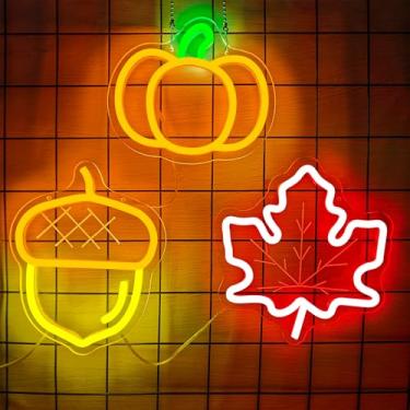 Imagem de hhuohuona Sinais neon de ação de graças para decoração de parede, 3 peças, luzes de janela de outono, folha de bordo, bolota, abóbora, letreiro de LED, outono, colheita, neon, presentes, decorações
