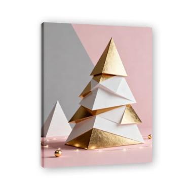 Imagem de Moldura interna. Arte moderna de presente de Natal, arte geométrica de árvore rosa empoeirada e dourada, tela emoldurada pronta para pendurar para uma casa de férias elegante. A40. 30x40cm-11,8x15,7