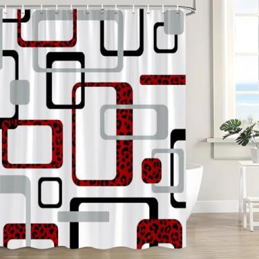 Imagem de Cortina de chuveiro geométrica abstrata vermelha preta estampa de leopardo geometria 3D quadrada meados do século moderno xadrez decoração minimalista conjunto de cortinas de banheiro com ganchos