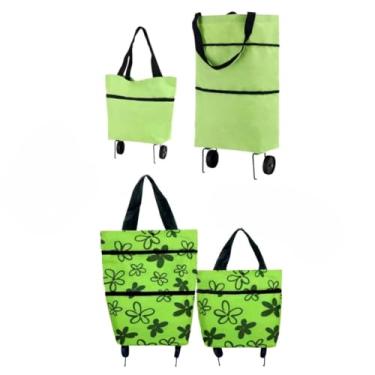 Imagem de Carrinho De Feira Dobrável Supermercado Sacola Bolsa de Compras Com Rodinhas e Alça (Verde + Flor Verde)