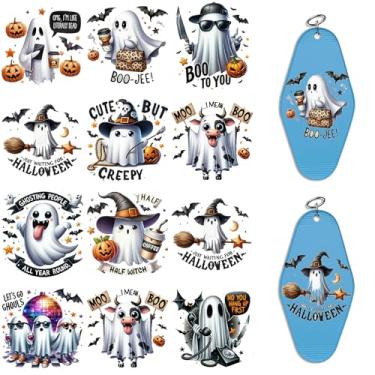 Imagem de Adesivos UV DTF de Halloween - 24 folhas adesivos engraçados de transferência de fantasma de Halloween para chaveiros de motel, envoltórios Uvdtf DIY para chaveiro de hotel em branco, esfregar à prova