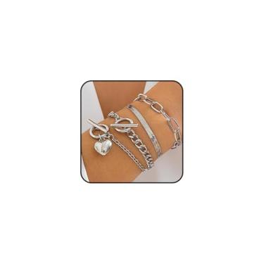 Imagem de Conjunto de pulseiras empilháveis com fecho de coração dourado para mulheres com elos cubanos em camadas pulseiras ajustáveis com clipe de papel pacote de acessórios de joias, Large, Metal, Sem Pedra