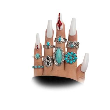 Imagem de Conjunto de anéis volumosos boêmios empilháveis vintage oval turquesa anéis de dedo ocidental declaração midi anel étnico country festival acessórios, Large, Liga de aço, Sem pedra preciosa