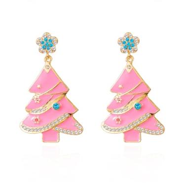 Imagem de Brincos de Natal para mulheres, brincos de árvore de Natal rosa com strass colorido, guirlanda de luz de Natal, joias de presente para mulheres, Medium, Liga de aço, Sem pedra preciosa