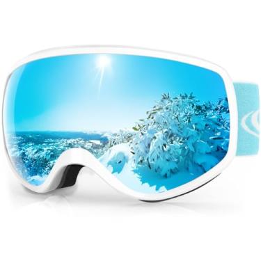 Imagem de findway Óculos de esqui infantis, óculos de snowboard para meninos e meninas de 3 a 10 anos, armação branca, lentes safira