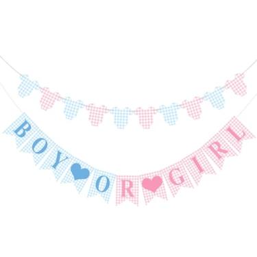 Imagem de Hahafelt 1 peça de body azul rosa guingão menino ou menina faixa de roupa para decorações de festa pré amarrado chá de bebê gênero revelar banner de papel para mesa, parede, decoração de festa