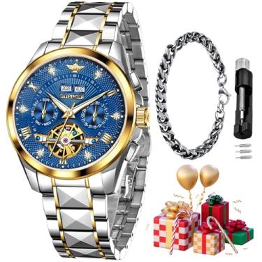 Imagem de OUPINKE Relógio masculino automático esqueleto diamante original mecânico automático relógio de pulso luxuoso para homens, G3270G: pulseira de dois tons e mostrador azul, Presente de luxo, negócios