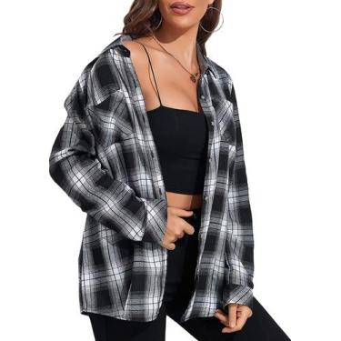 Imagem de Camisa de flanela KevaMolly xadrez de manga comprida  preta e branca