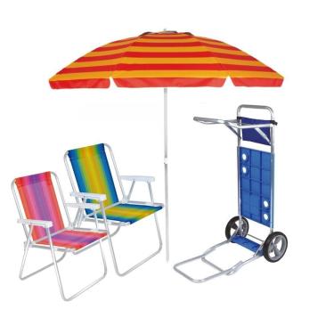Imagem de Kit Praia Carrinho Com Avanço + 2 Cadeira Alta Aluminio + Guarda Sol 2,4m - Mor