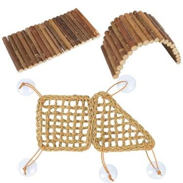 Imagem de 3 peças de rede para répteis, rede de dragão barbudo, conjunto de escalada com escada de madeira, ideal para enriquecimento de habitat de répteis, inclui triângulo e almofadas quadradas para lagartos