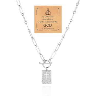Imagem de Lyfange Colar com clipe de papel de cruz grossa para mulheres, colar retangular com fecho de alternância de ouro, colar de corrente cruzada de prata, joia religiosa, presente para fé cristã, Medium