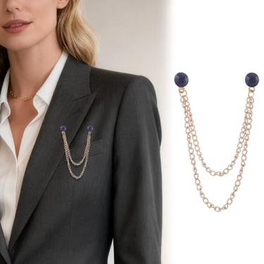 Imagem de Retrô banhado a ouro prata corrente cristal broches redondos colar pinos strass com corrente pendurada terno camisa lapela broche broche jóias moda para homens mulheres, Medium, Cristal, Cristal