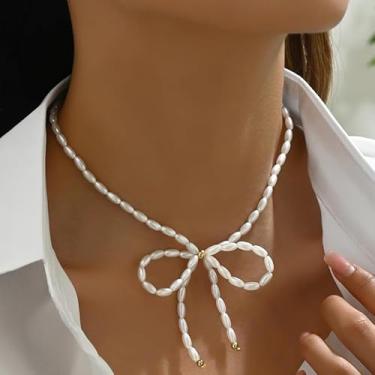 Imagem de Colar de pérola com laço delicado para mulheres, colares de laço preto, colares de pérolas, presentes de amizade para mulheres, presentes de Natal, joias, Medium, Latão, Sem Pedra Preciosa