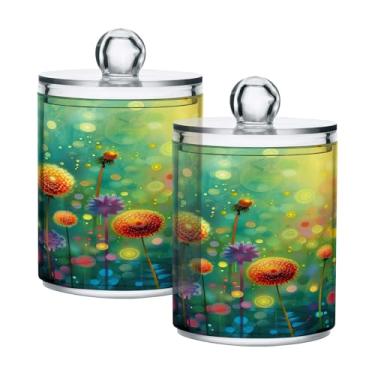 Imagem de ATTX Dispensador de suporte Qtip para pintura de flores coloridas para bola de algodão, cotonete, frasco de boticário transparente, decoração de casa, pote de armazenamento de cozinha, pacote com 2