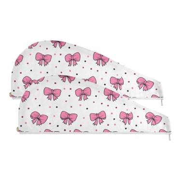 Imagem de SEHANY Linda toalha de cabelo de microfibra com laço rosa para mulheres, 2 peças, turbantes de cabelo de secagem rápida com botão, touca de cabelo seco absorvente toalha de secagem de cabelo para