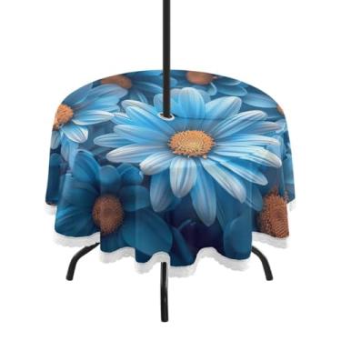 Imagem de Blueangle Toalha de mesa redonda impermeável com margaridas azuis de 152 cm com orifício para guarda-chuva - Tecido resistente à prova de sol para todos os climas para pátio, acampamento, piquenique