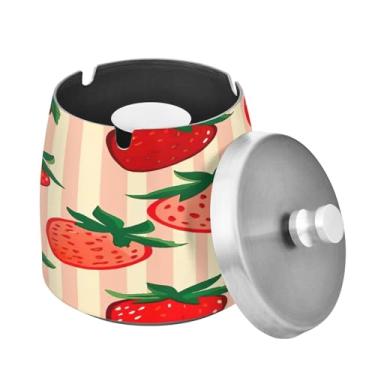 Imagem de Blueangle Cinzeiro padrão morango com tampa para cigarros, à prova de vento/chuva, aço inoxidável, sem fumaça, inodoro, cinzeiro para uso interno ou externo (551)