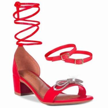 Imagem de Sandália Feminina Saltinho Bloco Quadrado Laço Strass Tira de Amarrar Verniz  A3.44-Feminino