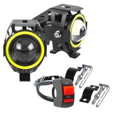 Imagem de Par Farol de Milha Moto Angel Eyes U7 Led Auxiliar Branco Neblina Farolete 3 funções