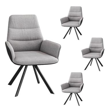 Imagem de Cadeiras de jantar giratórias, cadeira de cozinha estofada com encosto e apoio de braço algodão linho couro pana pernas de aço carbono capacidade de peso 299 kg cinza claro 4 peças