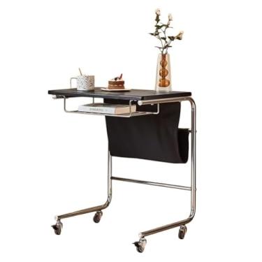 Imagem de Mesa lateral em forma de C, mesa de canto para laptop com 2 rodas bloqueáveis, compartimento de armazenamento de bolso de poliuretano para sofá/sofá, sala de estar, quarto, cabeceira, nogueira, preto