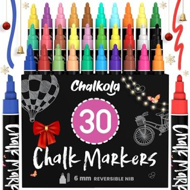 Imagem de Chalkola Marcadores de giz líquido apagáveis (pacote com 30 6 mm) Canetas pastel + giz neon - Tinta lavável com pano úmido para placa de quadro-negro, janela de carro, vidro, bistrô, placa, espelho