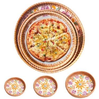 Imagem de Joyeee Pacote com 3 bandejas redondas de tecido, grandes, médias pequenas, empilháveis, cestas de pão de vime, conjunto para decoração, porta-chaves, organizador de celular, suporte de comida para