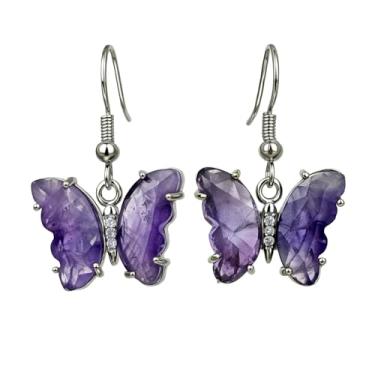 Imagem de Brincos de borboleta roxa, brincos bonitos de ametista natural para mulheres, brincos pendentes de prata de cristal delicados feitos à mão, Medium, Latão, Ametista