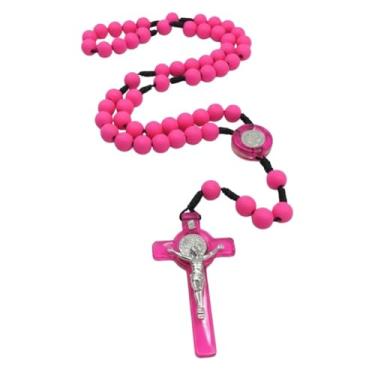 Imagem de Terço Rosário com Medalha de São Bento, Contas Coloridas 9mm, Crucifixo 6x3.6cm, Cordão Preto, 42cm (Rosa)