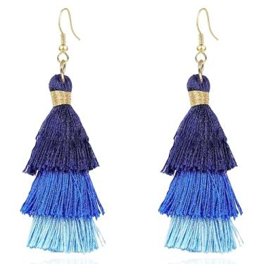 Imagem de CWVHQ Brincos femininos com pingente de borla azul Boho com franja em camadas boêmia com franja em camadas, Small, Acrílico, Sem pedra preciosa